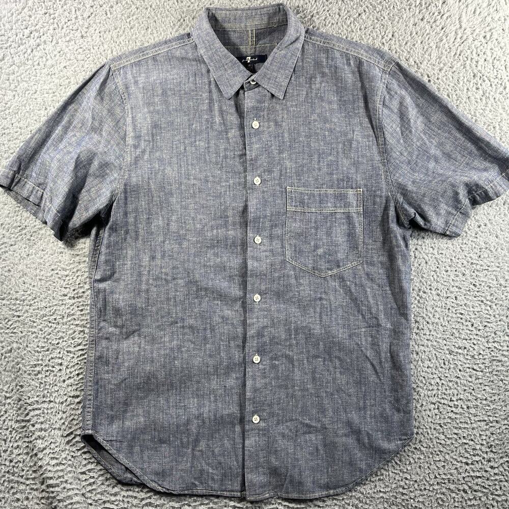 7 For All Mankind Mens Medium Blue Linen Blend Short Sleeve Button Up Shirt M